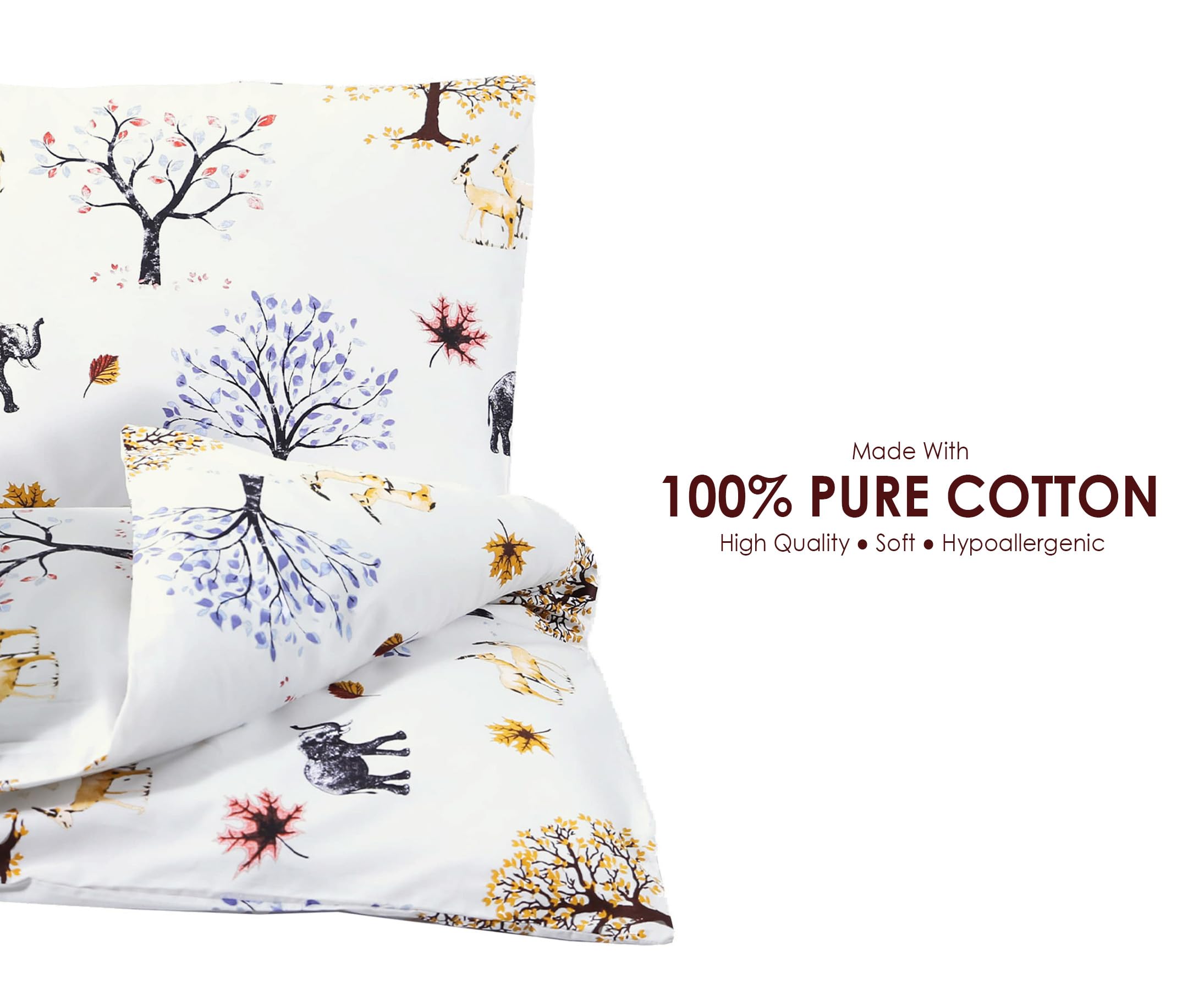 Hajran Linen 100% Pure Cotton 2 Pcs Baby Cot Duvet/Quilt Cover Set   1 Duvet/Quilt Cover (120 x 90 cm) & 1 Pillowcase (40 x 60 cm)   Breathable, Soft, Comfy, Anti-allergic (Animals & Trees)