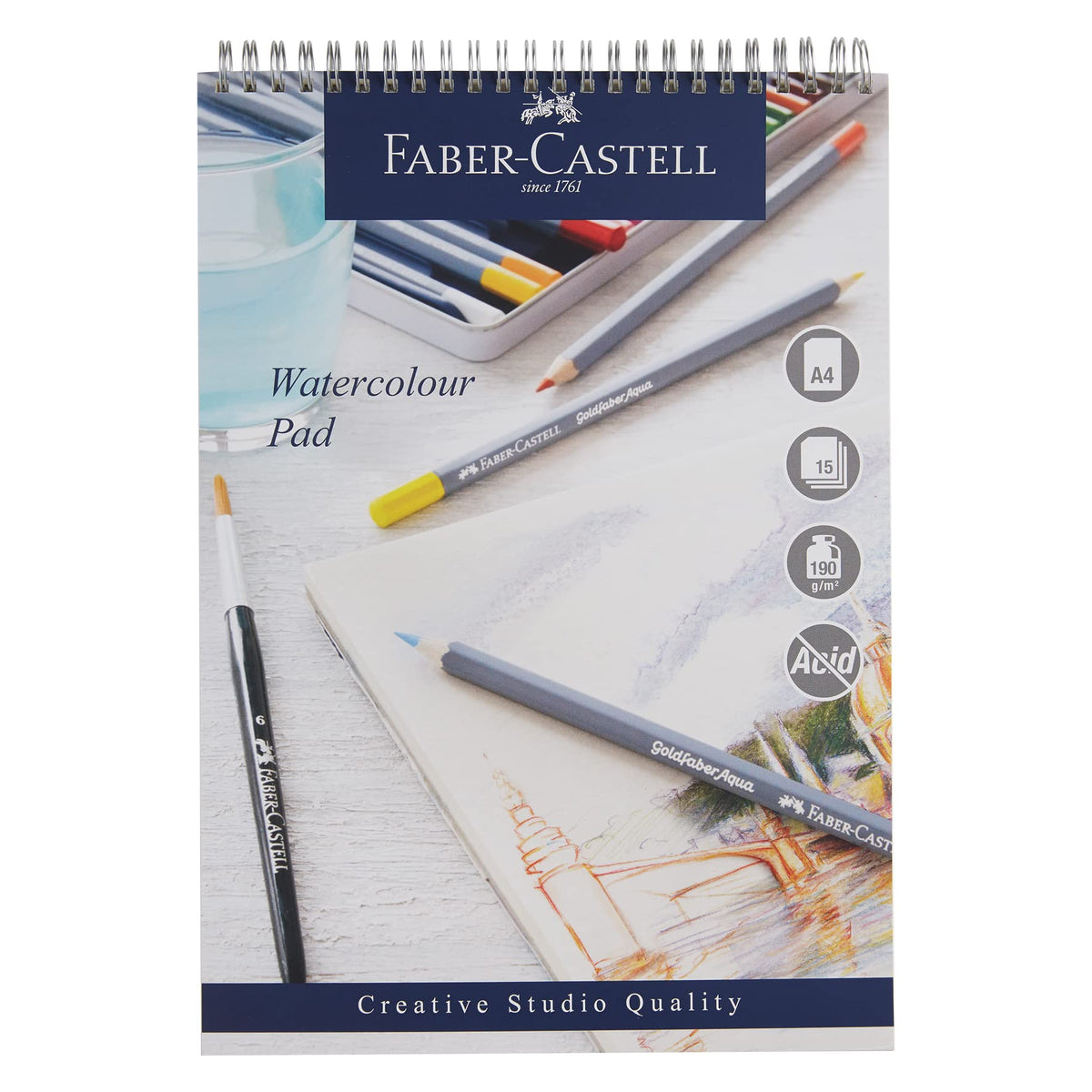 Faber-Castell Creative Studio Watercolour Pad, A4, Acid Free Spiral Bound Paper, 190 GSM, 15 Sheets for Watercolour Paint, Pencils and Markers, Arts, Craft, Home and School