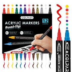 colpart Acrylic Paint Pens Paint Markers,12-Colors Dual Tip Paint Pens With Medium Tip and Brush Tip For Rock Painting,Wood,Canvas,Calligraphy,Dot Markers For kids adults DIY Crafts Art Supplies