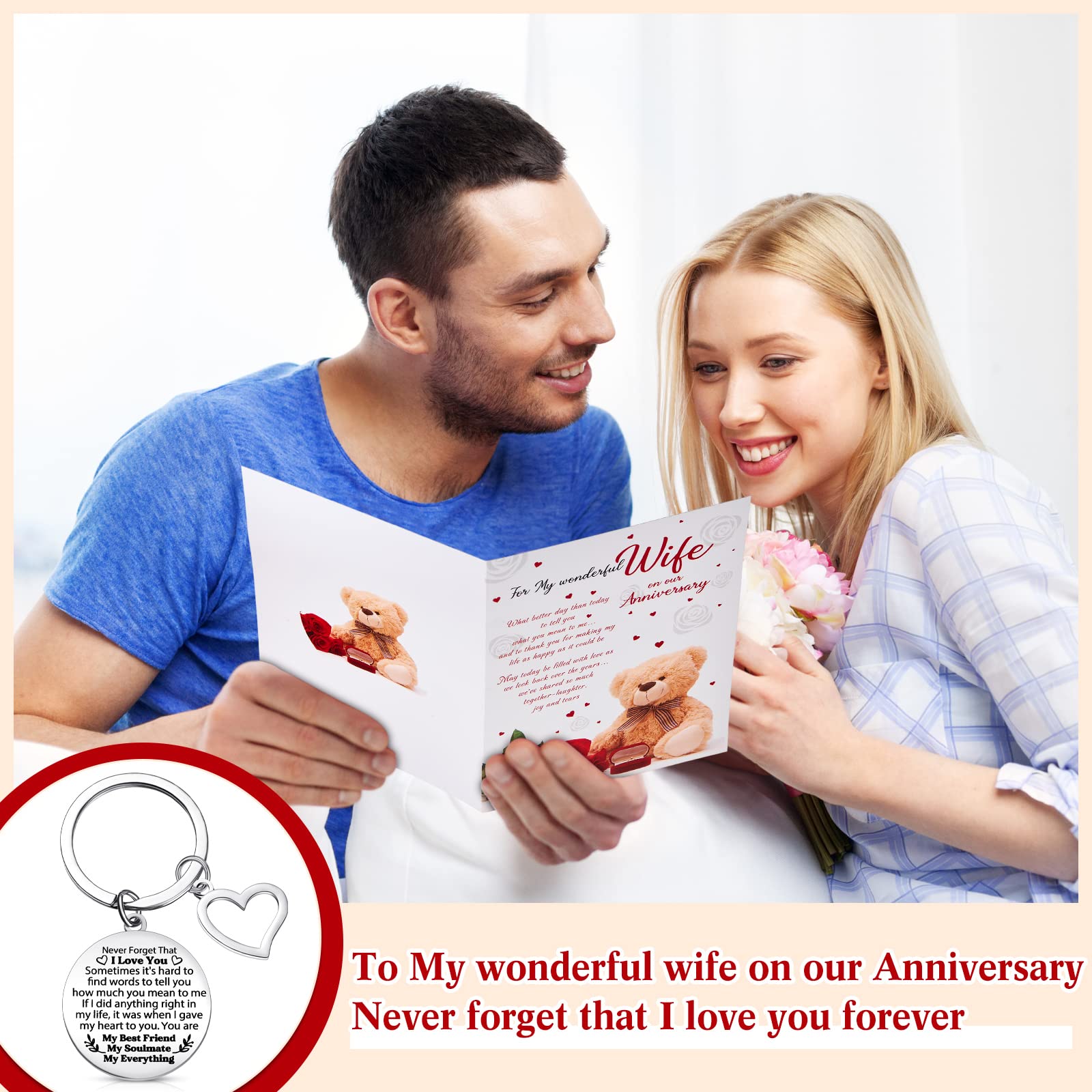 Yaomiao Wife Gifts from Husband Wedding Anniversary Card for Wife Anniversary Greeting Cards with Envelope Never Forget That I Love You Stainless Steel Keyring Keychain Gifts for Her Wife Present