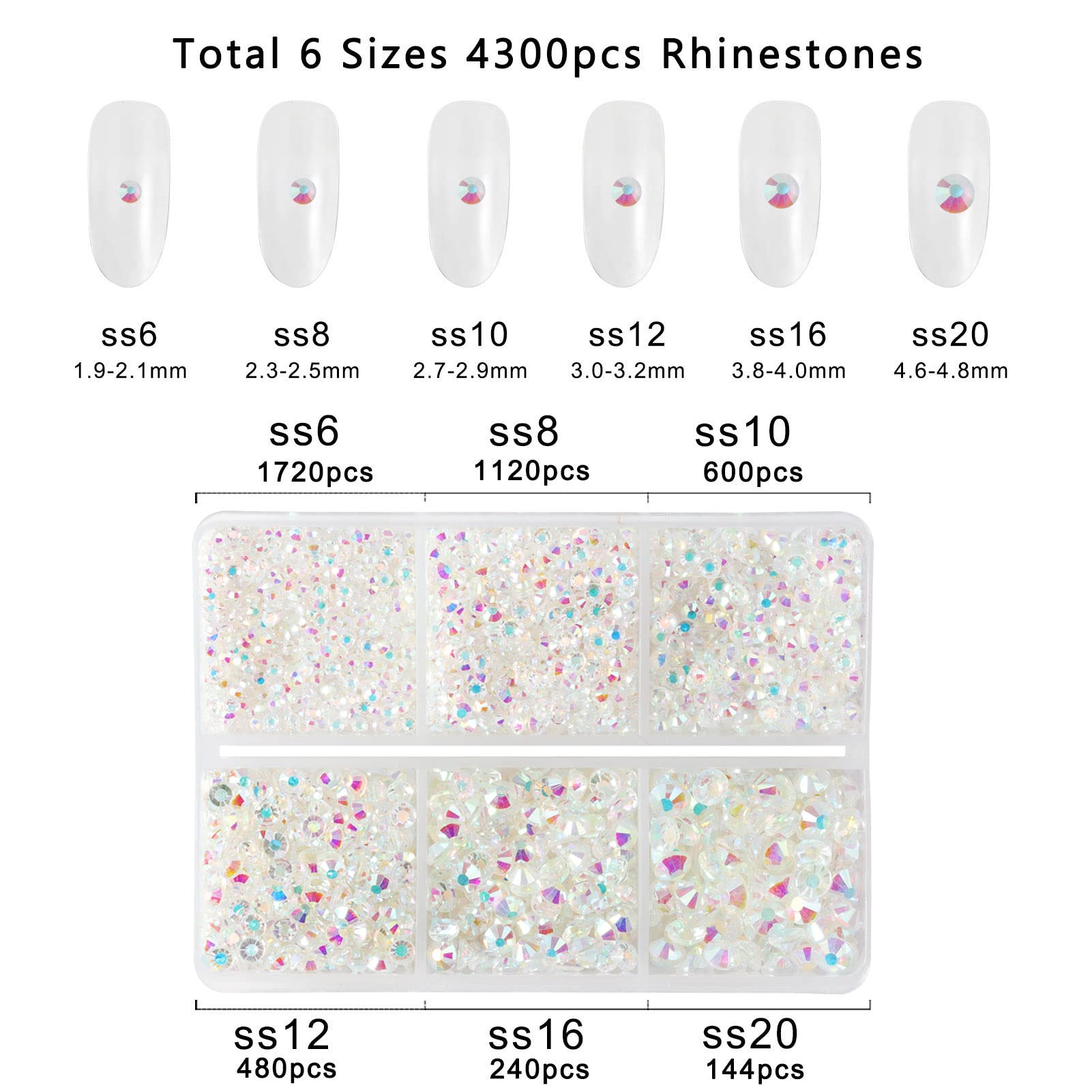 Beadsland 4300pcs Flatback Rhinestones,Transparent AB Rhinestones Nail Gems Round Crystal Rhinestones for Crafts,Mixed 6 Sizes with Picking Tweezers and Wax Pencil Kit, SS6-SS20,Transparent AB