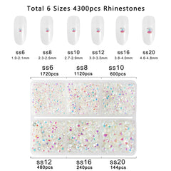 Beadsland 4300pcs Flatback Rhinestones,Transparent AB Rhinestones Nail Gems Round Crystal Rhinestones for Crafts,Mixed 6 Sizes with Picking Tweezers and Wax Pencil Kit, SS6-SS20,Transparent AB