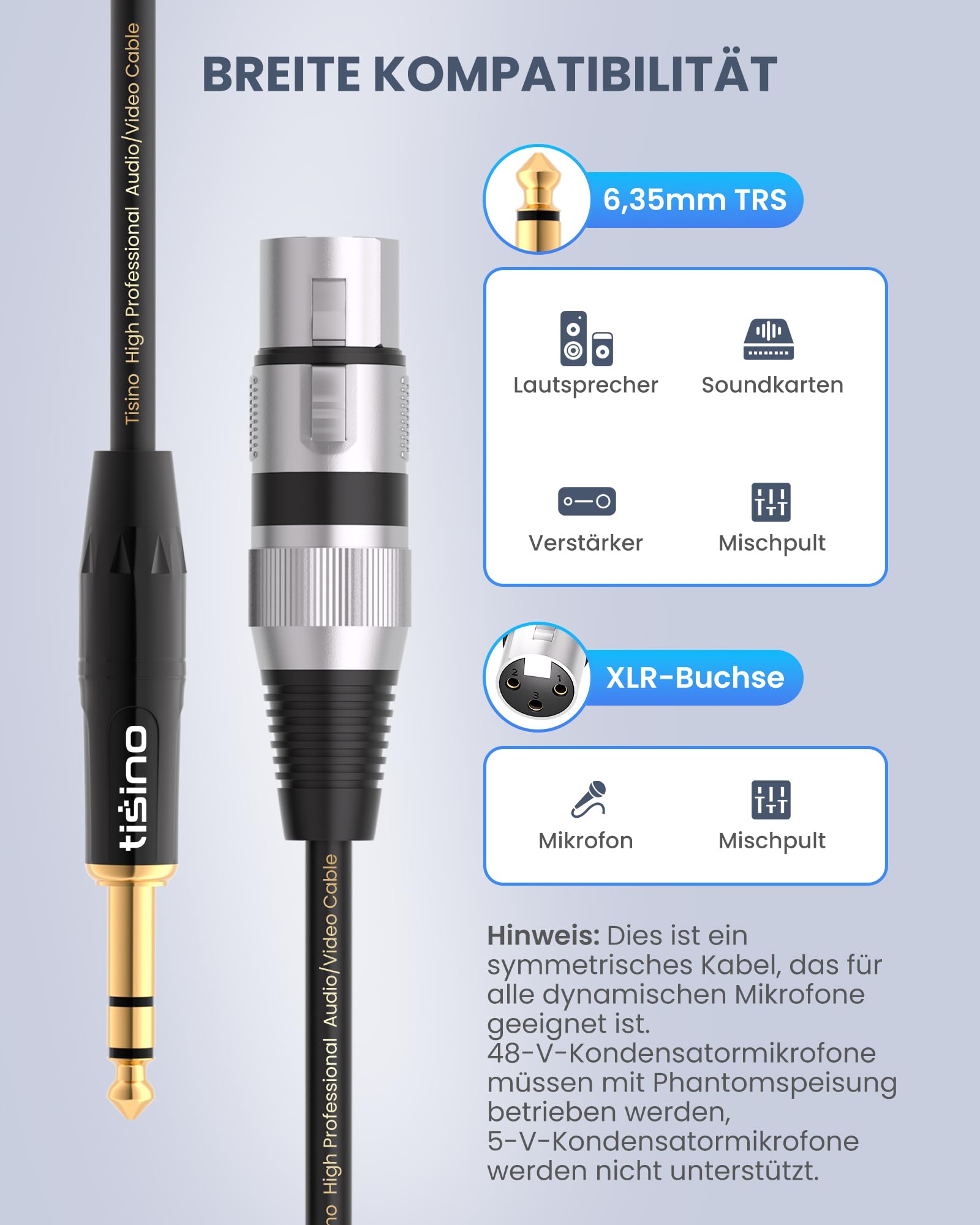 Tisino Female XLR to 1/4'' TRS Microphone Cable, 6.35mm Stereo Jack to 3-pin XLR Female Balanced Interconnect Micphone Cable for Speaker - 3m/10FT