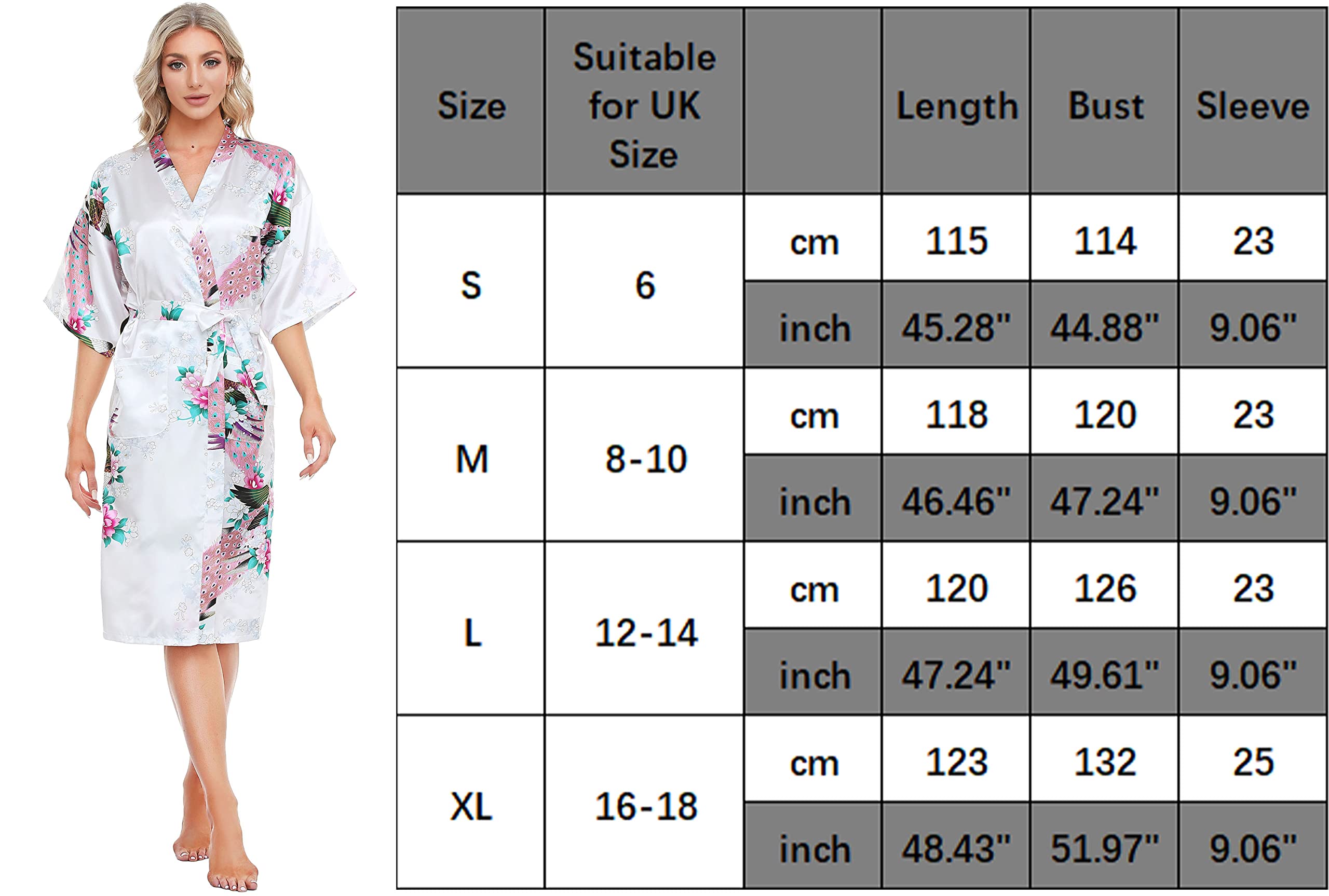 Lovasy Kimono Dressing Gowns Satin Kimono Robe Peacock and Blossoms Silk Dressing Gown for Women UK Long Silk Bride and Bridesmaid Robes,White,S