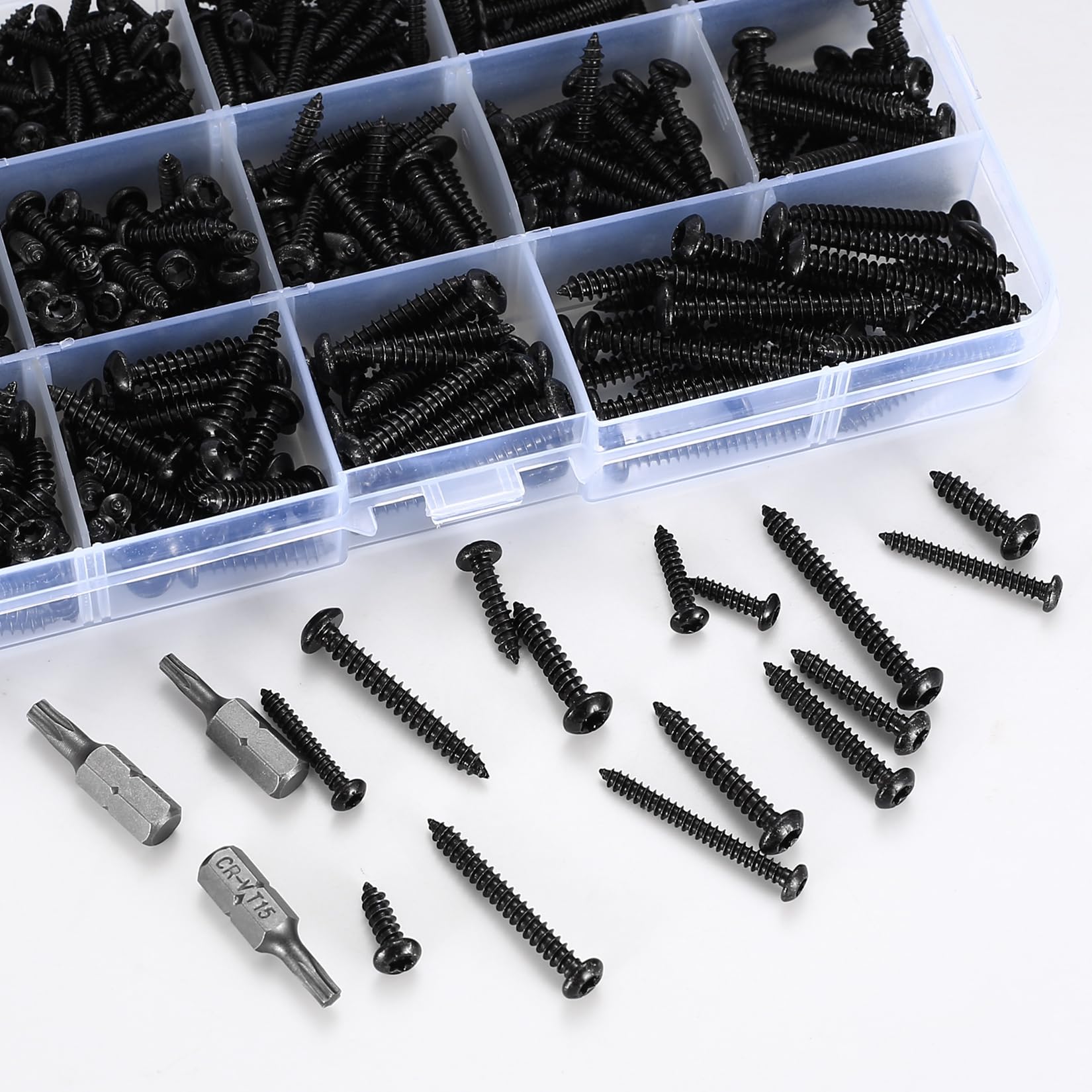 405 pcs Black Stainless Steel Torx Head Screws Set, M3/M3.5/M4, Flat & Round Head Woodbuilding and Self-tapping Screws Assortment Kit, with 3pcs Drill Bits