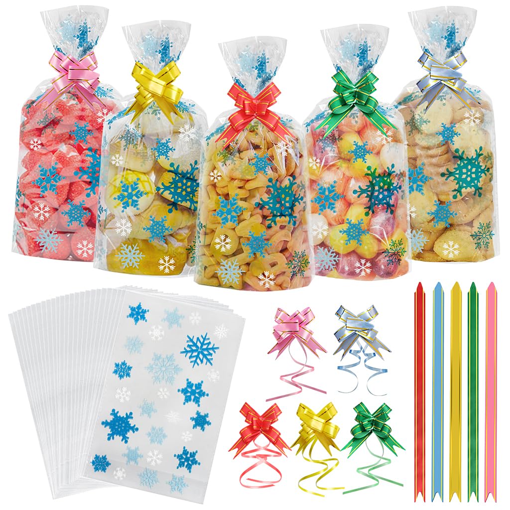 Cellophane Christmas Candy Bags,100 Pieces Xmas Snowflake Clear Treat Sweet Party Gift Bags with 100 Pull Bows for Christmas Party Favors-White&Blue(25cm*15cm)