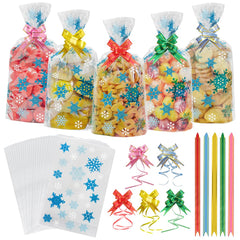 Cellophane Christmas Candy Bags,100 Pieces Xmas Snowflake Clear Treat Sweet Party Gift Bags with 100 Pull Bows for Christmas Party Favors-White&Blue(25cm*15cm)