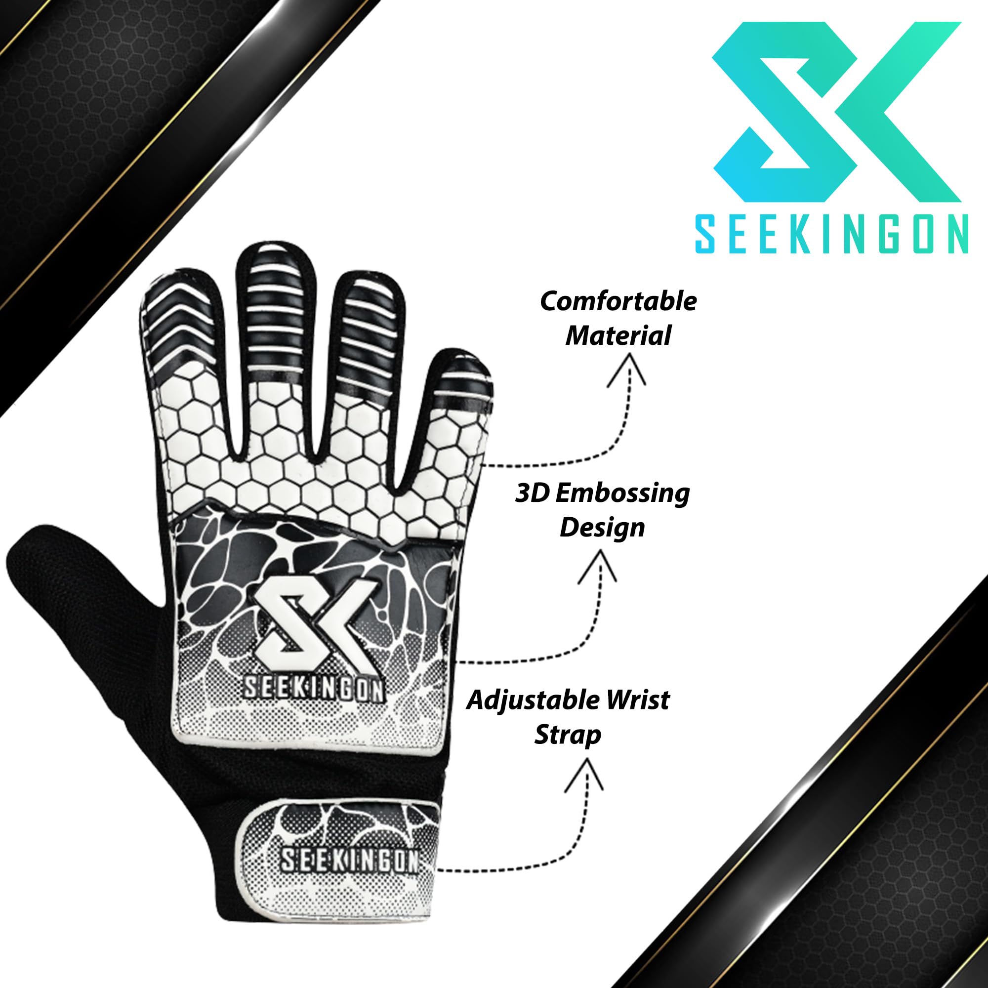 Seekingon Goalkeeper Gloves Kids, Children, Football Training Gloves with Premium Grip, Weather-resistant, Breathable, Latex Goalie Gloves Sizes 4/5/6/7 (Black/White, 5 for 9-12 years)