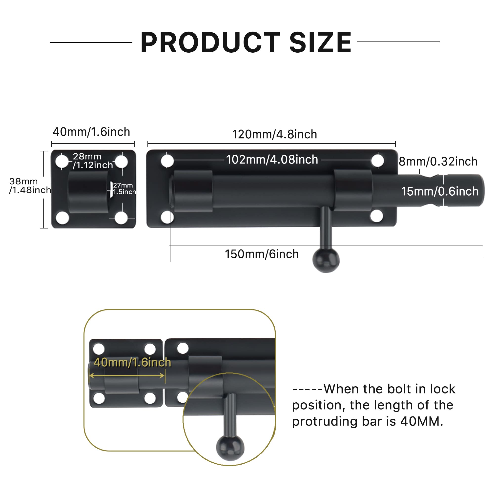 Sayayo Slide Gate Latch Bolt Safety Door Lock with Padlock Hole 150MM Length, 16MM Dia Bar, Heavy Duty Solid SUS304 Stainless Steel Matte Black(Not Include Padlock), EMS8000-B