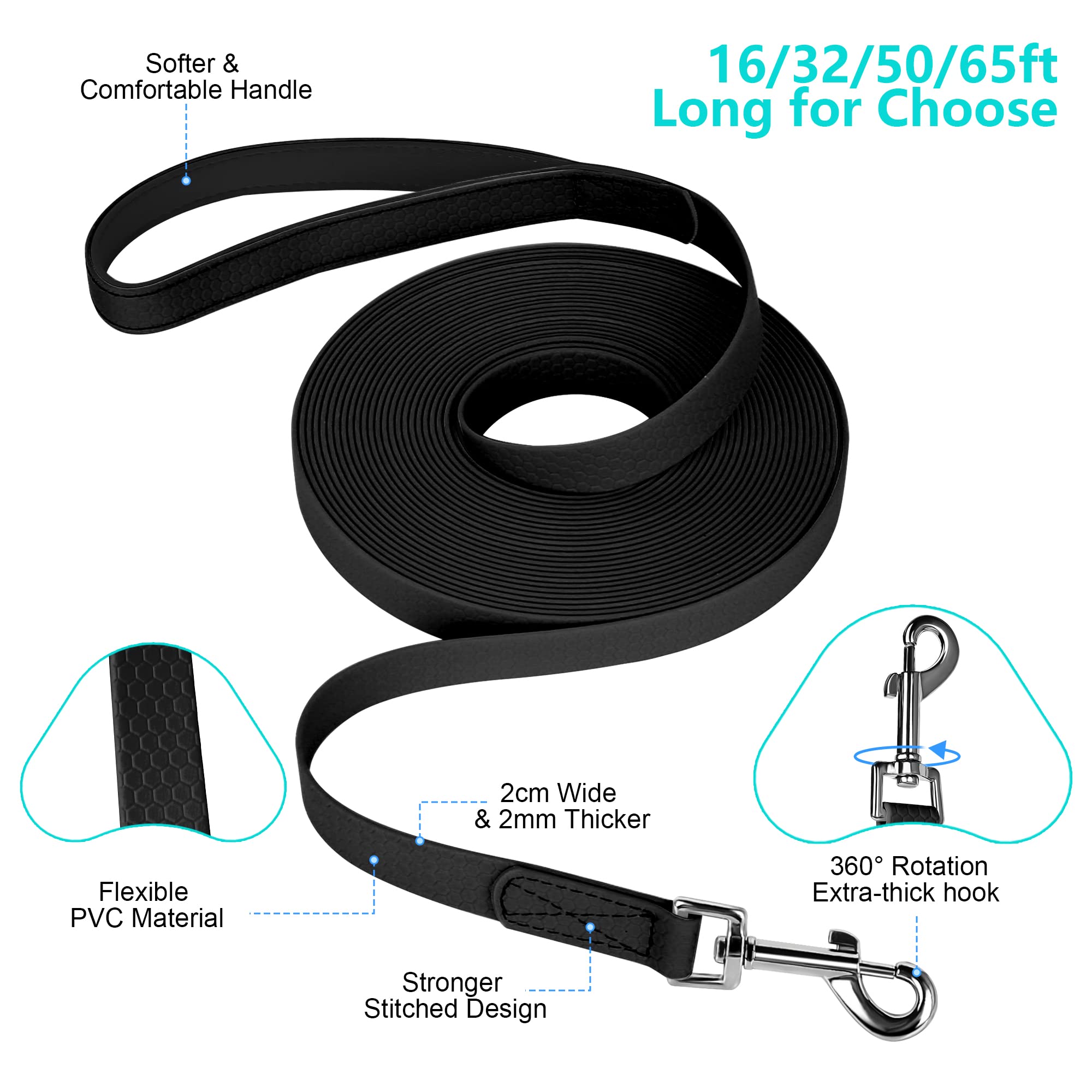 IOKHEIRA Dog Training Lead 5m Waterproof Long Dog Training Lead with Hand Loop, Sturdy Dog Training Lead for All Type Dogs (5M, Black)