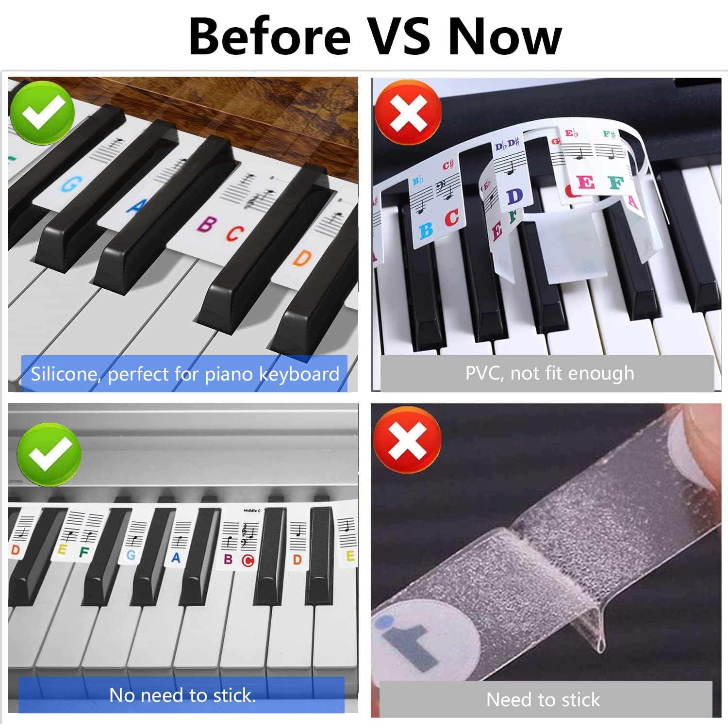 LALASTYLE Removable Silicone Piano Notes Labels, Piano Key Notes Guide for Beginners, 88 Key Full Size Piano Keyboard Note Labels, Reusable Piano Note Strips with Box (Colorful)