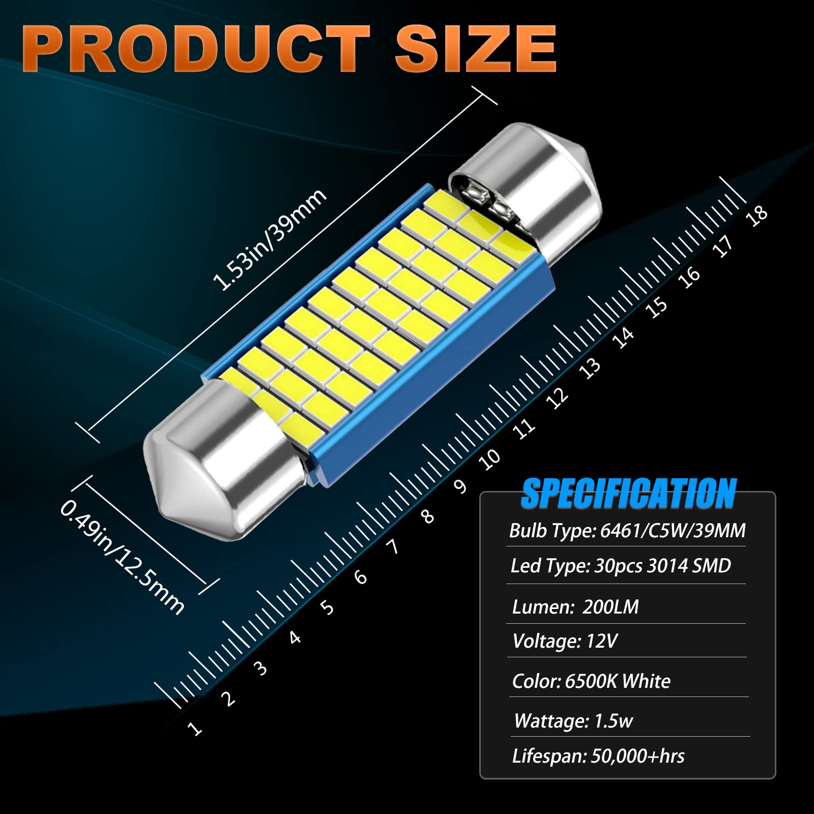 39mm 6418 Led Car Bulbs, 1.53 inches 39mm festoon Led Car Bulbs White light,12V 30smd 3014 Chipset 6461 C5W Bulbs for Interior Car Lights Dome Map Trunk Courtesy Light, 4pcs