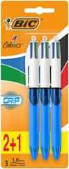 BIC 4 Colours Retractable Ballpoint Pens, Medium Point (1.0 mm) Every-Day Writing Pens with Extra Comfort Grip, Blue, Pack Of 3