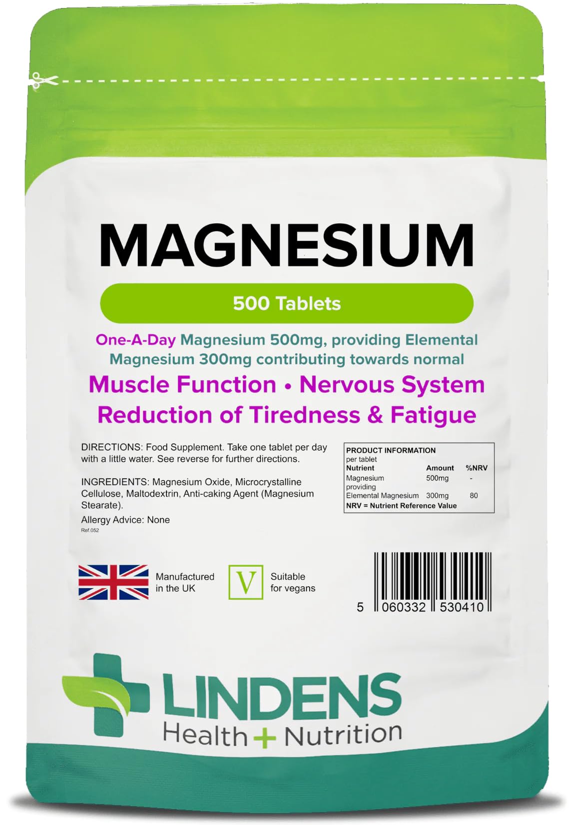 Lindens Magnesium Tablets 500mg – 500 Tablets – Reduces Tiredness and Fatigue, Supports Metabolism, Muscle Function, Nervous System, Bones, and Teeth - UK Manufacturer, Letterbox Friendly