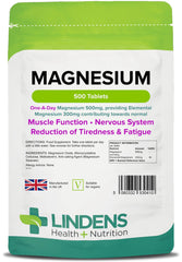 Lindens Magnesium Tablets 500mg – 500 Tablets – Reduces Tiredness and Fatigue, Supports Metabolism, Muscle Function, Nervous System, Bones, and Teeth - UK Manufacturer, Letterbox Friendly