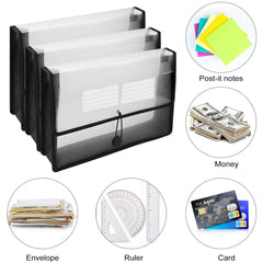 3 Pack A4 Plastic File Folders, Clear Wallet Envelope File Organizer, 6 cm Expandable Paperwork Folders Without Dividers with Label Card Slots & Hanging Clasps, File Box for School Office Home(Black)