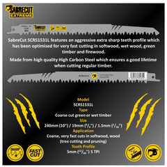 5 x SabreCut SCRS1531L_5 240mm 5 TPI S1531L Very Fast Wood Cutting Reciprocating Sabre Saw Blades Compatible with Bosch Dewalt Makita and many others