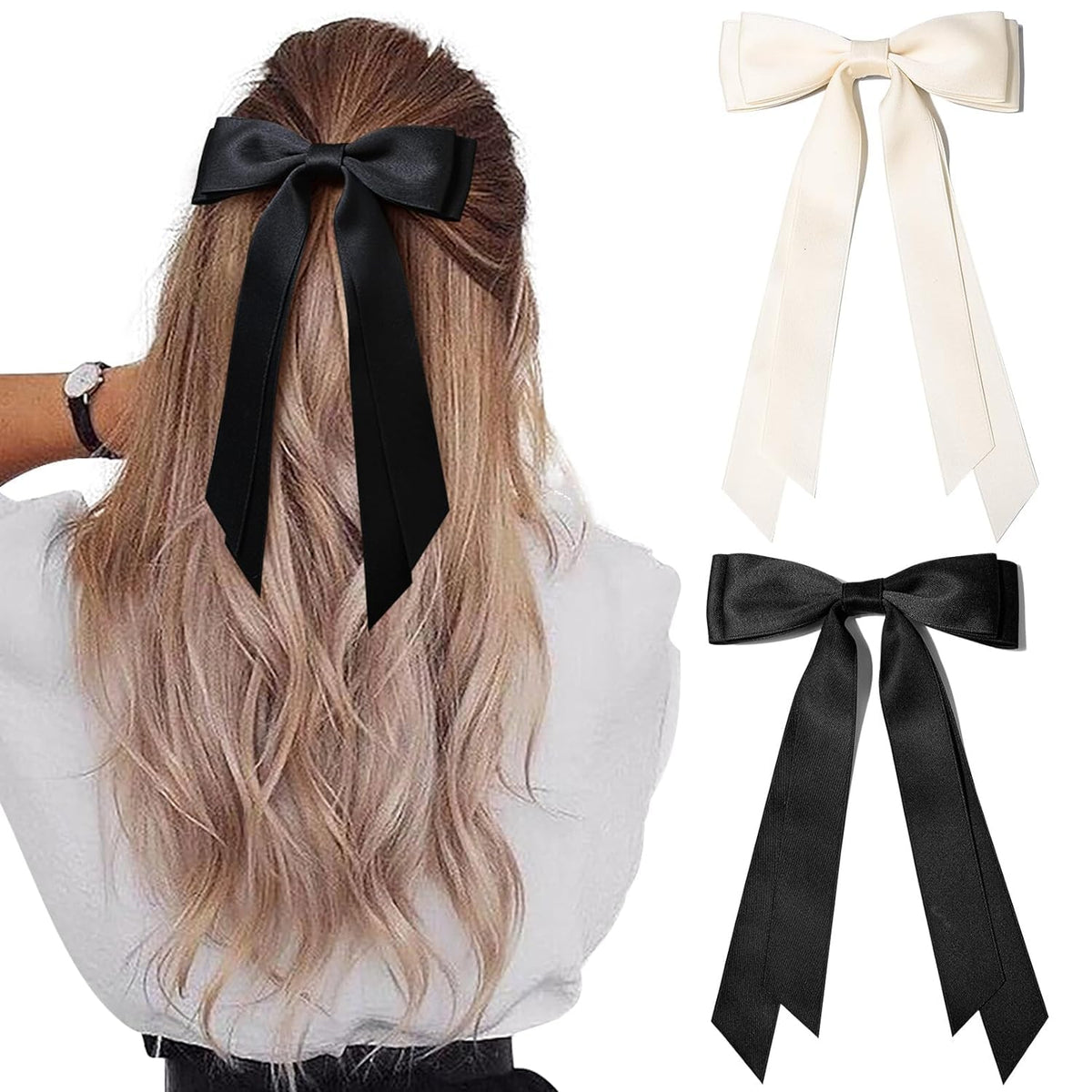 2PCS Silky Satin Hair Bows Hair Clip Black Hair Ribbon Ponytail Holder Accessories Slides Metal Clips Hair Bow for Women Girls Toddlers Teens Kids (BeigeandPink)