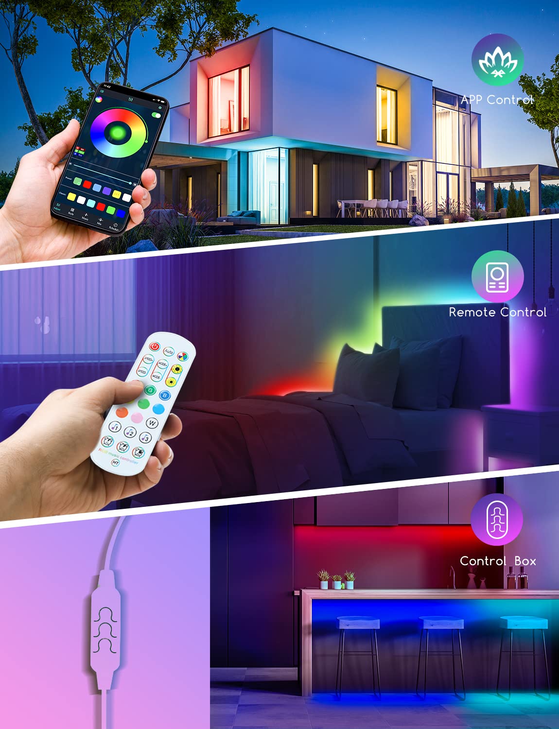 Led Strip Lights with Remote and APP Control, 10m Lights, RGB Using IC Chips Control Rainbow Colour, USB Powered, Bluetooth Music Sync Color Changing LED for Bedroom,Kitchen