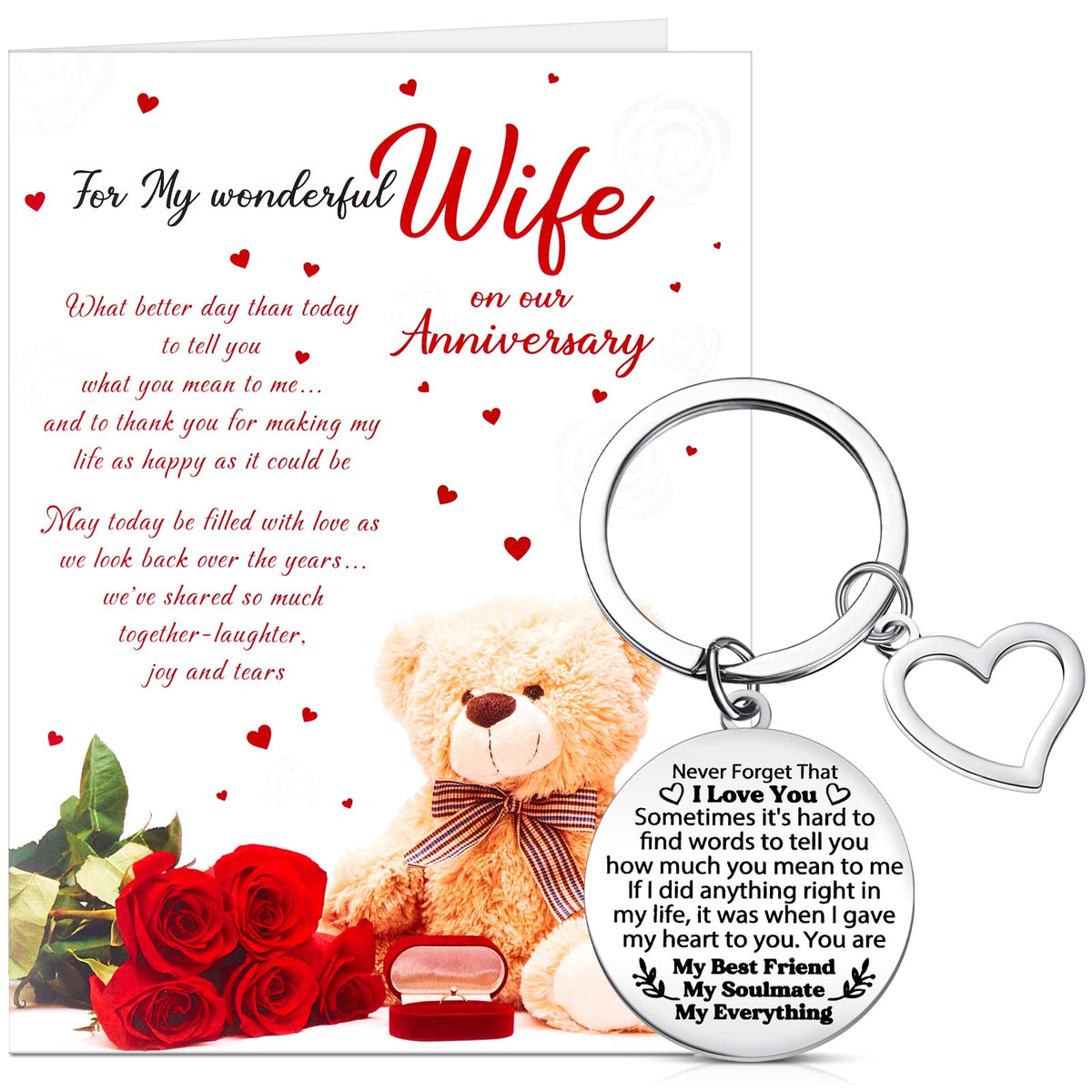 Yaomiao Wife Gifts from Husband Wedding Anniversary Card for Wife Anniversary Greeting Cards with Envelope Never Forget That I Love You Stainless Steel Keyring Keychain Gifts for Her Wife Present