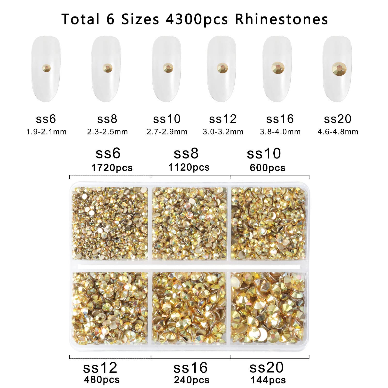 Beadsland 4300pcs Flatback Rhinestones,Gold Rhinestones Nail Gems Round Crystal Rhinestones for Crafts,Mixed 6 Sizes with Picking Tweezers and Wax Pencil Kit, SS6-SS20,Metal Sunlight