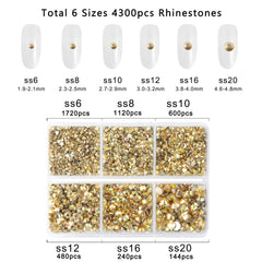 Beadsland 4300pcs Flatback Rhinestones,Gold Rhinestones Nail Gems Round Crystal Rhinestones for Crafts,Mixed 6 Sizes with Picking Tweezers and Wax Pencil Kit, SS6-SS20,Metal Sunlight