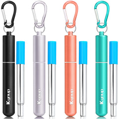 Kynup Reusable Metal Drinking Straw, 4 Pack Metal Collapsible Straw with Case, Keychain, Cleaning Brush, 6mm DIA, Length up to 23cm, Portable Travel Straw for Travel on the Go(Black-Silver-Gold-Green)