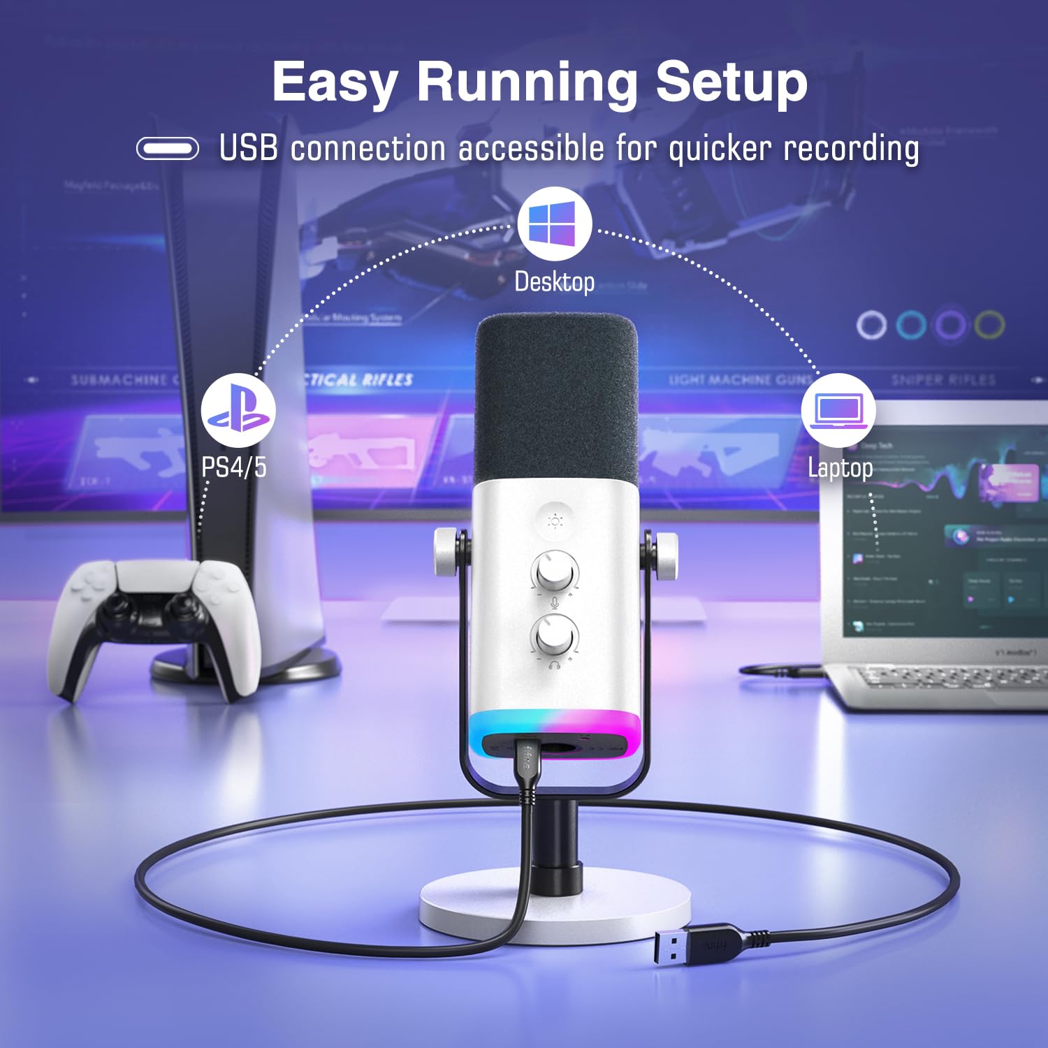 FIFINE PC Gaming Microphone, XLR/USB Microphone for Podcast Recording, Dynamic Mic with RGB, Mic Mute, Monitoring Headphones Jack for Computer/PS4/PS5, for Voice-over Vocal Video-AmpliGame AM8 White