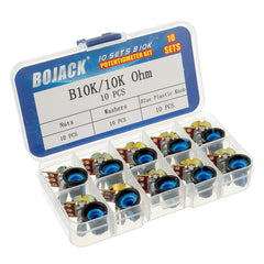 BOJACK 10 Sets B10K Knurled Shaft 3 Terminals Linear Taper Rotary Potentiometer(WH148)10K Ohm Single Turn Carbon Film Variable Resistor with Blue Plastic Knobs Kit