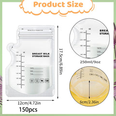 150 Pcs Breast Milk Storage Bags, 250ml Disposable Milk Storage Bags with Pour Spout No-Leak Milk Freezer Storage Pouches for Breastfeeding