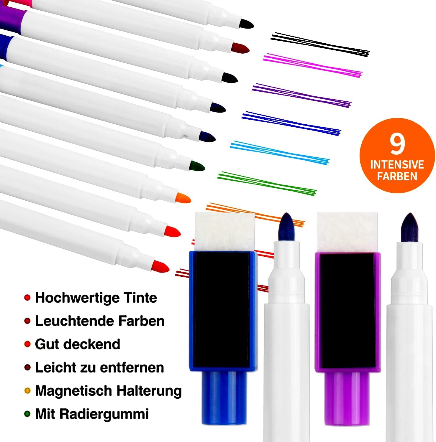 VEYLIN Whiteboard Markers/ Pen and Eraser set for Kids, 9 Piecs, Fine Tip Colour