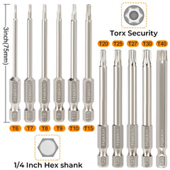 Torx Bit Set Hakkin 11Pcs Torx Screwdriver Sets 75mm Tamper Proof Torx Security Bit Set S2 Steel Magnetic Star Bits Set 1/4 inches Hex Shank for Impact Drill T6 T7 T8 T9 T10 T15 T20 T25 T27 T30 T40