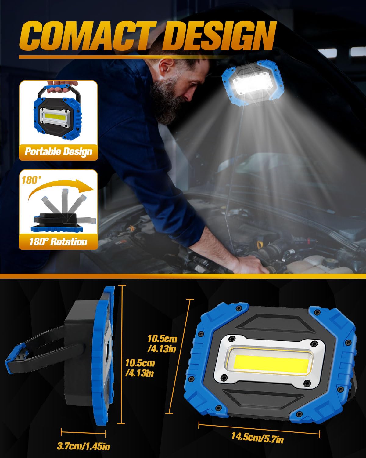 LED Rechargeable Work Lights, 2500LM 30W Outdoor COB Floodlight Super Bright with 4 Modes, Battery Security Light with USB Waterproof for Outdoor, Yard, Garage, Fishing, Camping, Hiking (Blue, 1PCS)