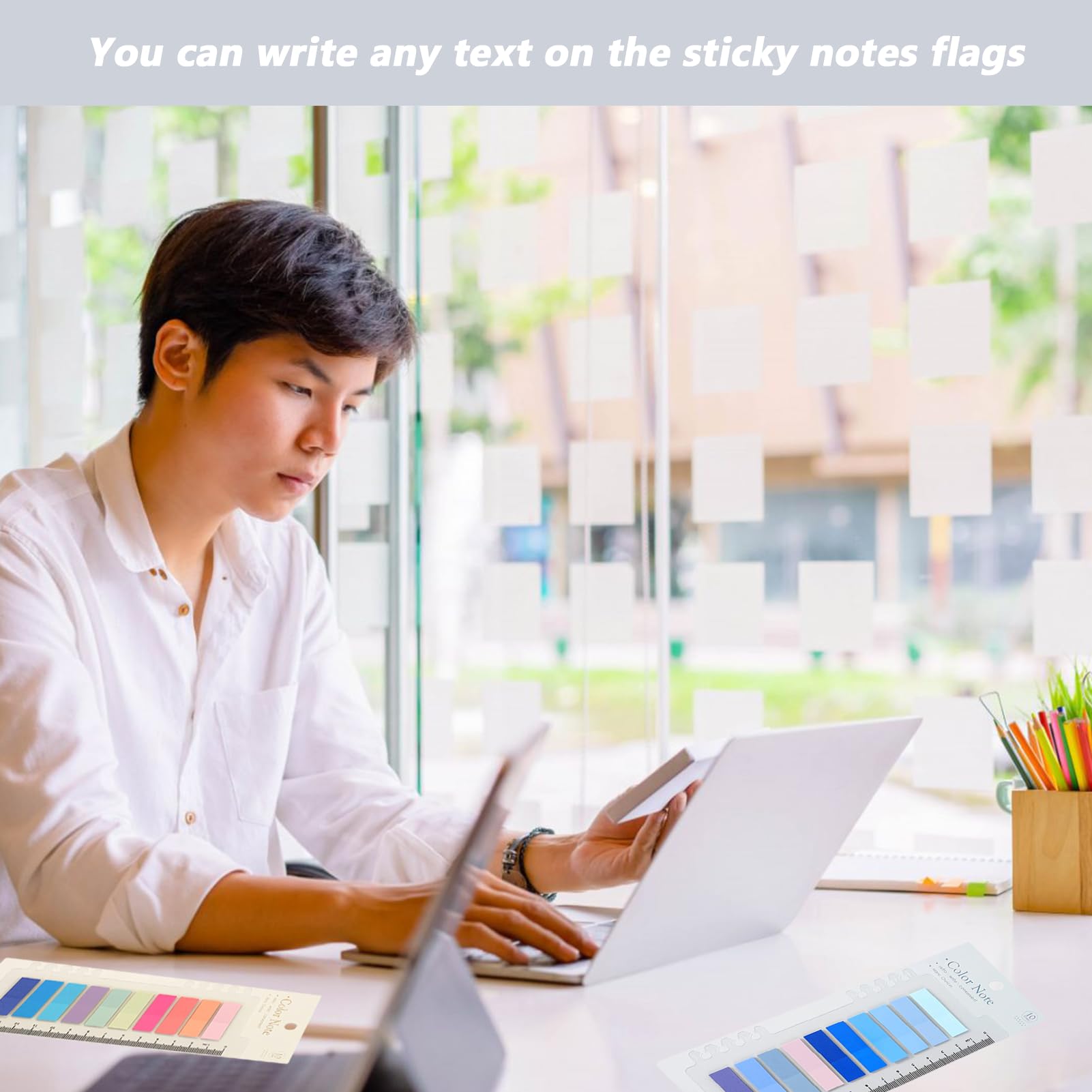 Nuqin Sticky Notes Tabs with 14cm Ruler,600Pcs Durable Tabs for Annotating Books,Repositionable Sticky Index Tabs for Notebooks Binders Books and Folders to Organise Prioritise