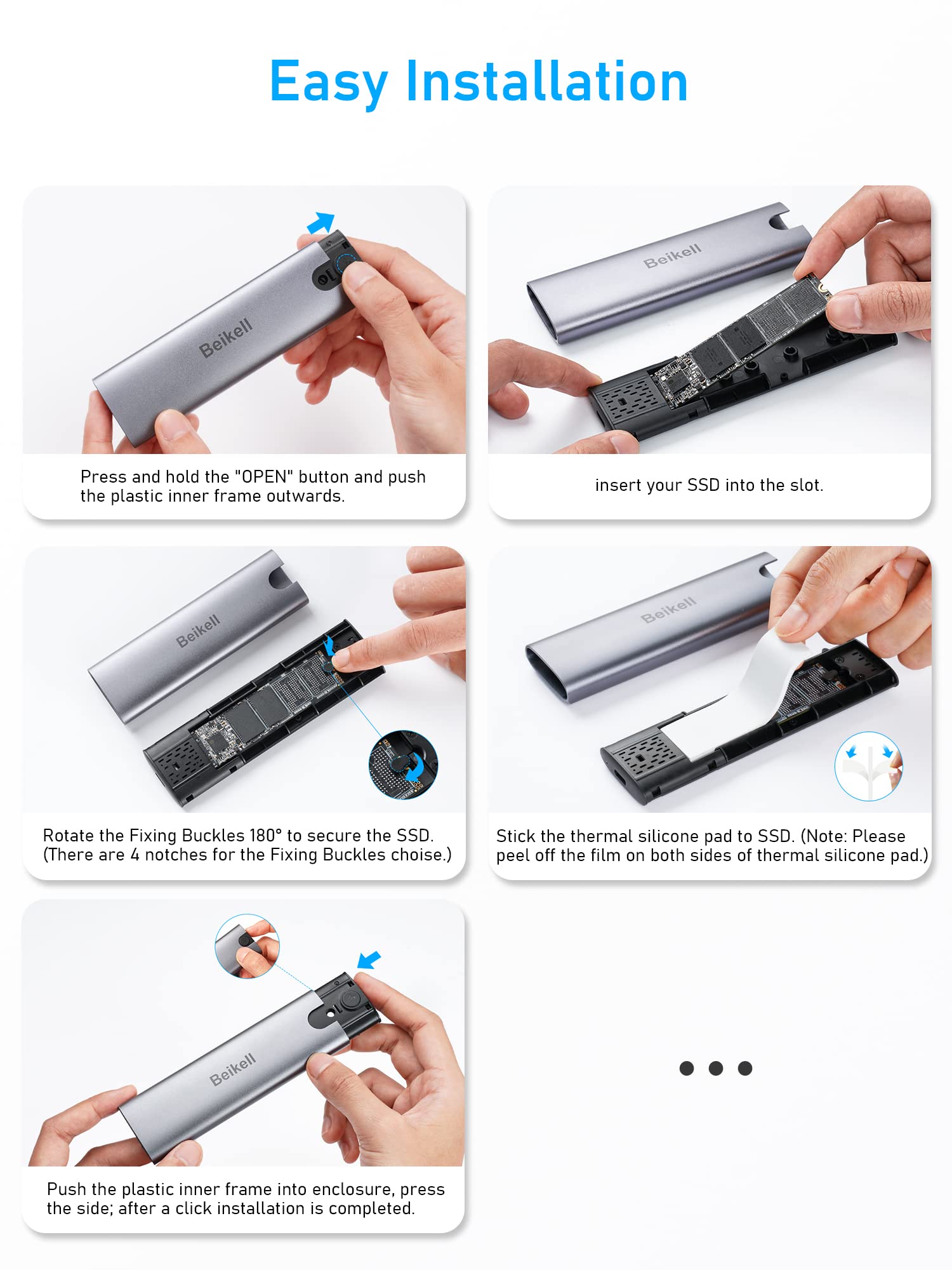 Beikell M.2 NVME Enclosure, Tool-Free 10Gbps M2 SSD Enclosure USB 3.2 Gen 2 * 1 NVMe to USB Adapter for 2230/2242/2260/2280 M.2 NVMe/SATA SSD of M-Key or MandB Key with USB C to C and USB A to C Cables