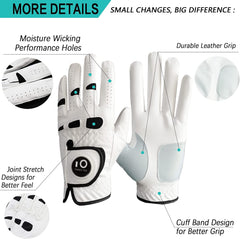 FINGER TEN Golf Gloves Mens Left and Right Hand All Weather Grip Cabretta Leather Weathersof Value Pair, Golf Gloves for men Rain Grip Breathable Wear Resistant (White, S)