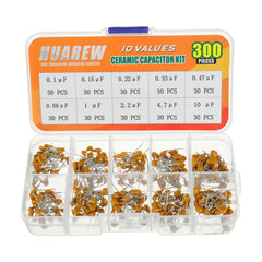 HUAREW 10 Values 300 Pcs Ceramic Capacitor 0.1 0.15 0.22 0.33 0.47 0.68 1 2.2 4.7 10 uF/100-10000 nF Assortment Kit