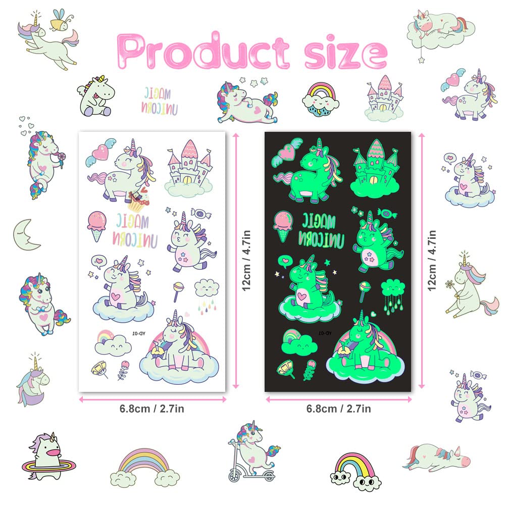 AOMIG Unicorn Temporary Tattoo for Kids, 10 Sheets Glow In The Dark Cartoon Unicorn Tattoo Stickers, Waterproof Luminous Fake Tattoo Stickers Set for Boys Girls Birthday Gift Party Bag Filler