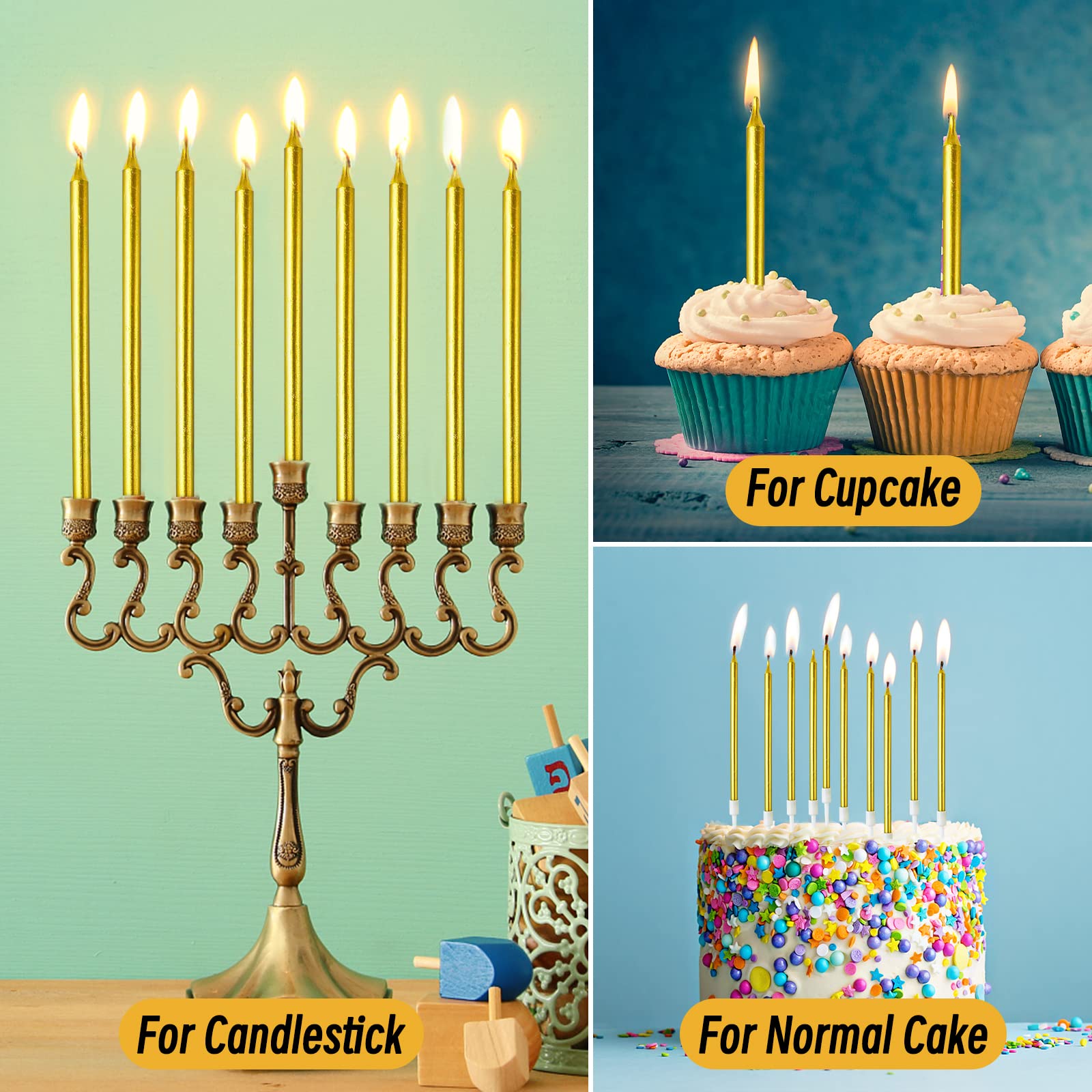 DONQL Birthday Cake Candles, Tall Cake Candles, Long Birthday Candles, Thin Cupcake Candles with Holders for Birthday Cake Baby Shower Cake Wedding Party Decoration（24Pcs Gold