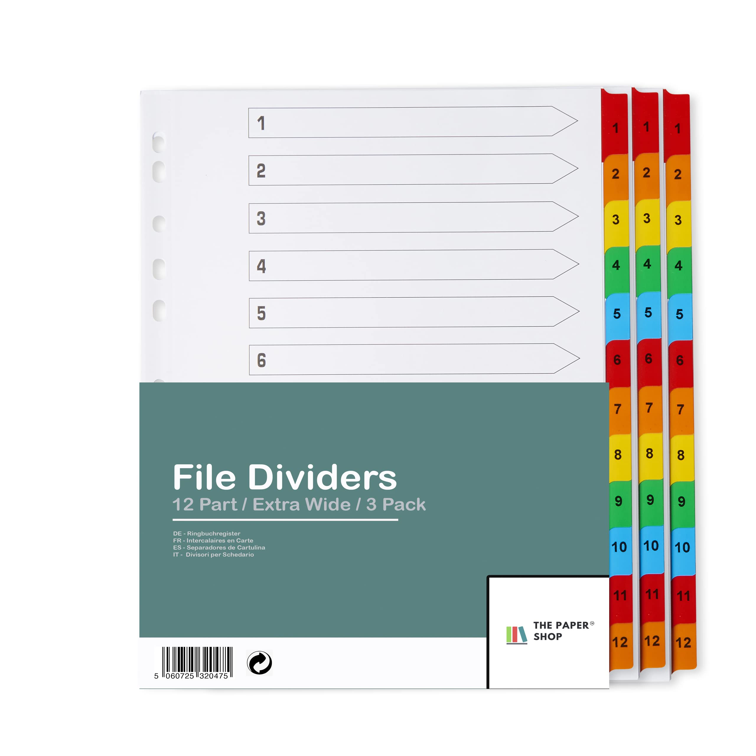 [3 Pack] A4and Extra Wide 12 Part File Dividers A4and Extra Wide 12 Part Numbered Subject Dividers Multipunched Reinforced Colour Tabs 150gsm