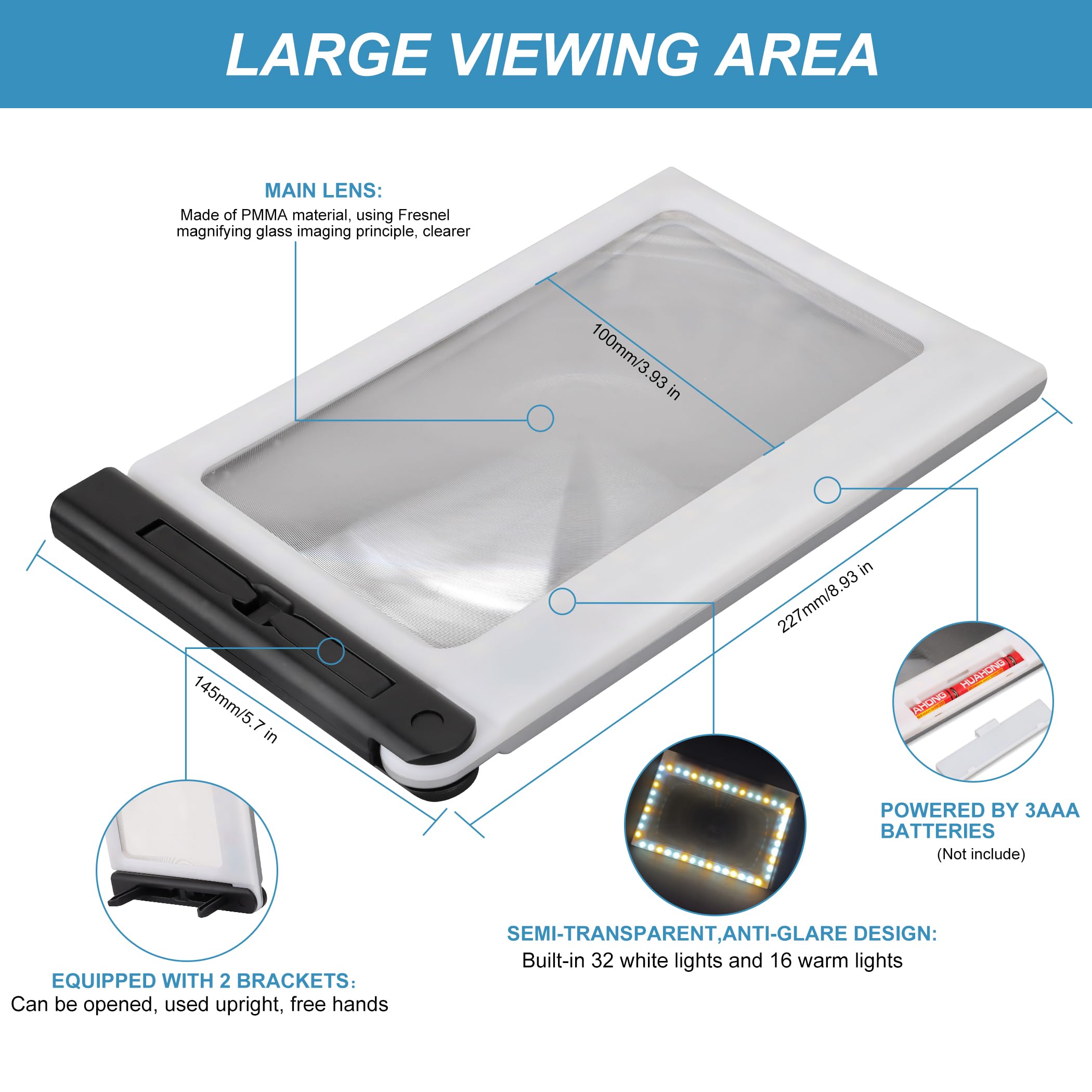 Magnifying Glass with Light, Folding Handheld 5X Large Rectangle Lighted Magnifier with Dimmable LED for Macular Degeneration Seniors Reading Newspaper, Books, Lighted Gift for Low Visions