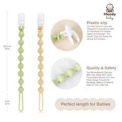 MoodyBaby® Dummy Clips for Boys Girls - Soother Chain Silicone Holder - 2 Pack Set for Baby - Unisex Neutral Newborn Dummies Baby Gift (Neutral Sage)