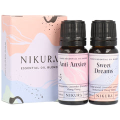 Nikura Anxiety Relief Essential Oil Blends Set - 2 x 10ml   Anti-Anxiety & Sweet Dreams   Essential Oils For Diffusers for Home, Aromatherapy   Lavender Oil for Sleep, Bergamot, Ylang Ylang for Stress