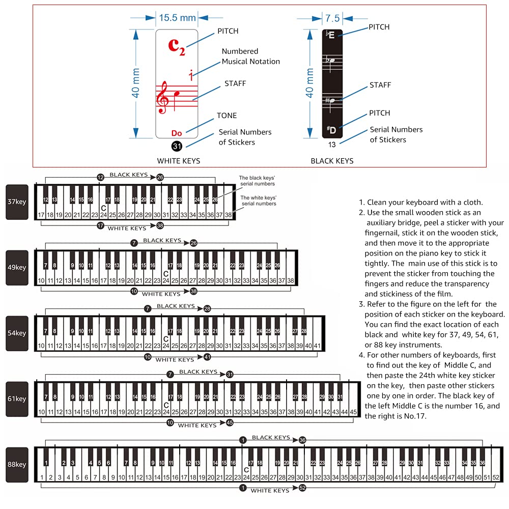 Imelod Keyboard or Piano Stickers for 49/61/76/88 Key,Piano and Keyboard Music Note Full Set Stickers for White and Black Keys, Transparent and Removable,Perfect for Kids and Beginners(Colorful)