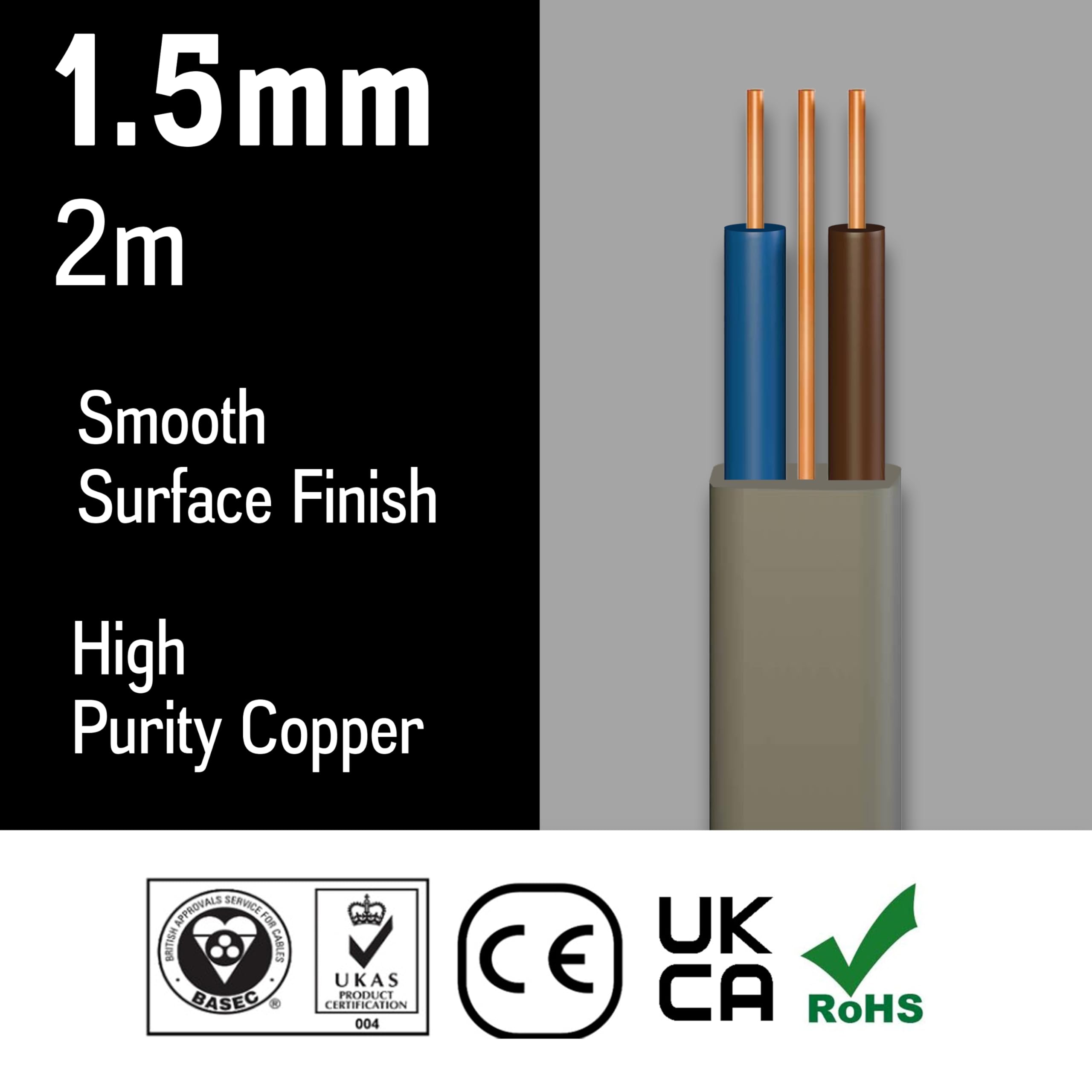 Primes DIY Electric Socket wire cable 1.5mm Twin and Earth Flat Grey PVC Lighting Electric Cable 6242Y electrical Wire BASEC Approved (2 Meter)