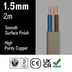 Primes DIY Electric Socket wire cable 1.5mm Twin and Earth Flat Grey PVC Lighting Electric Cable 6242Y electrical Wire BASEC Approved (2 Meter)