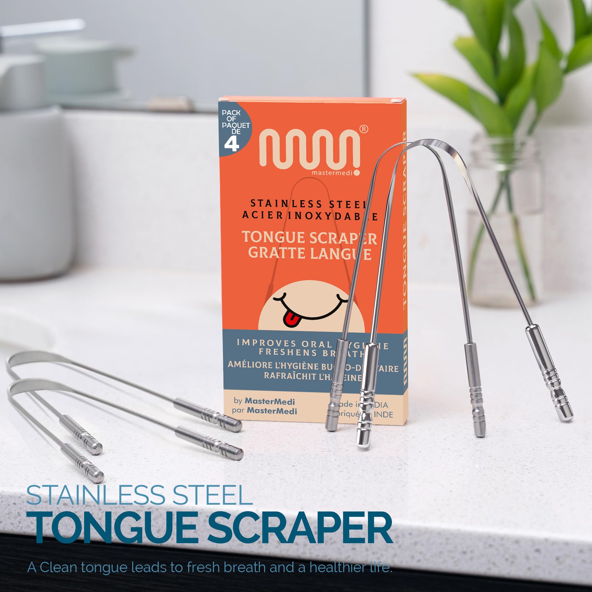 MasterMedi Tongue Scraper Tongue Scraper Stainless Steel New (4 Count (Pack of 1))