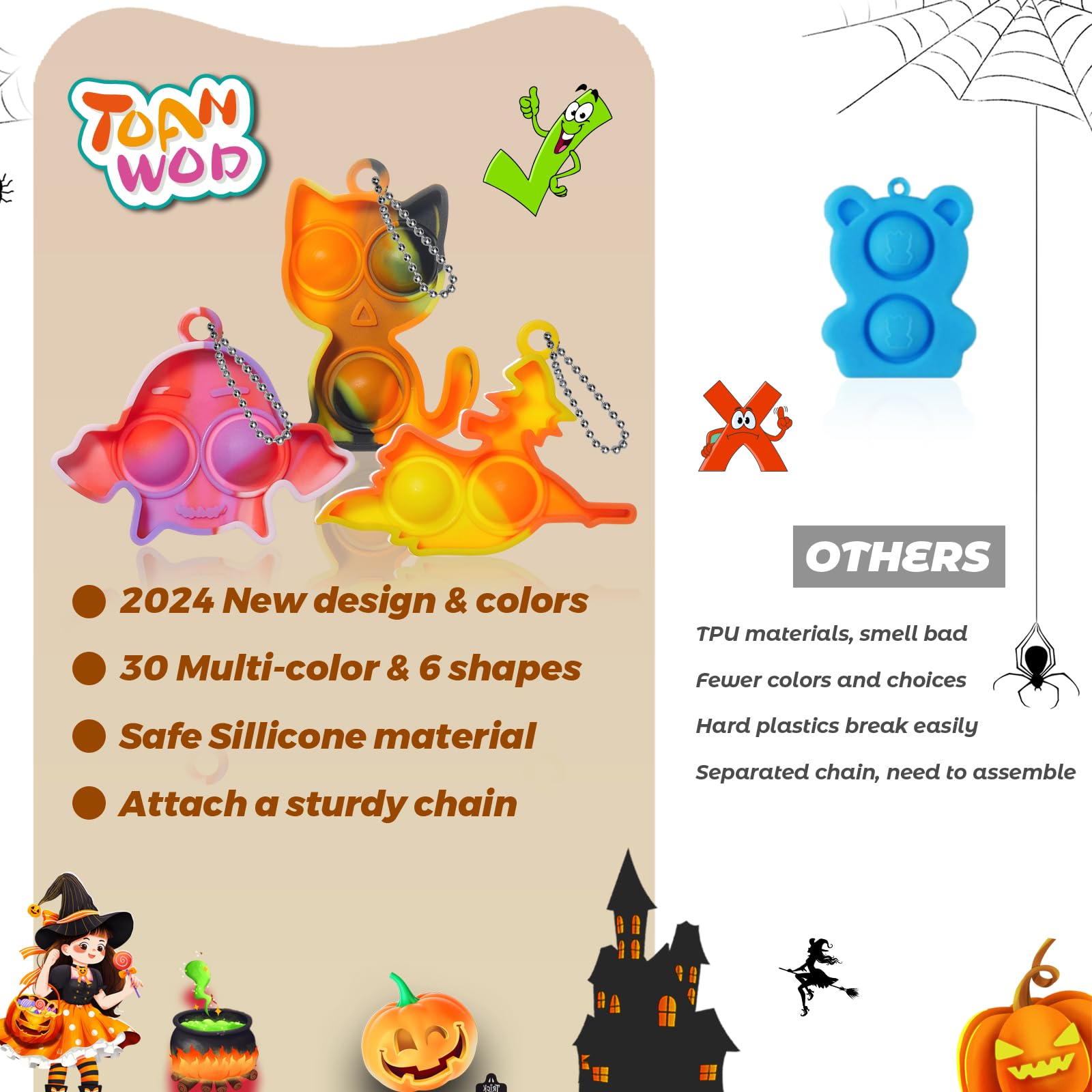 TOANWOD 30PCS Halloween Party Bag Fillers: Halloween Gifts for Kids Goody Bag Fillers Party Favours - Halloween Toys Prizes Gifts Trick or Treats - Pinata Filler 30 Keyring with 30 Cards