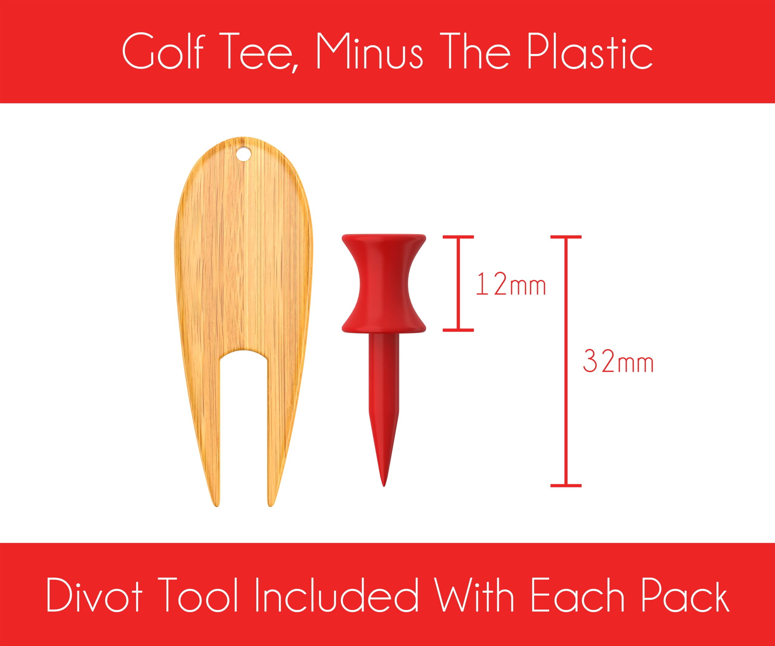 T- Bamboo Golf Tee - Pack of 50 x 32mm Castle Tee (Red) - Strong, Sturdy and Eco-Friendly - includes Bamboo Pitch Mark Repair Tool