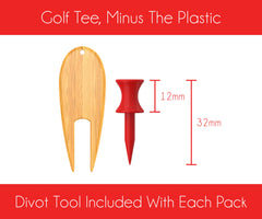 T- Bamboo Golf Tee - Pack of 50 x 32mm Castle Tee (Red) - Strong, Sturdy and Eco-Friendly - includes Bamboo Pitch Mark Repair Tool